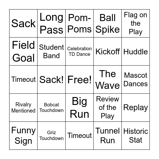 Cat/Griz Football Game 2025 Bingo Card