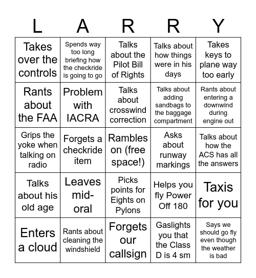 Larry Commercial Checkride Bingo Card