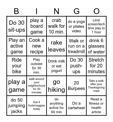 Thanksgiving Break Bingo Card