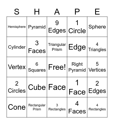 3D Shapes Bingo Card