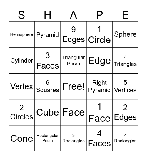 3D Shapes Bingo Card