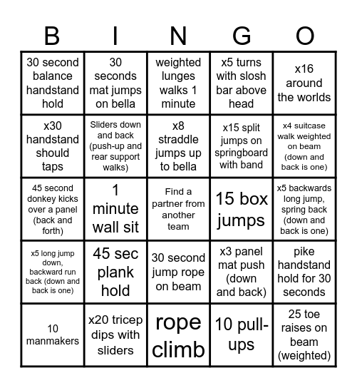 Gymnastics Conditioning Bingo Card