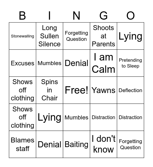 Family Therapy Bingo Card