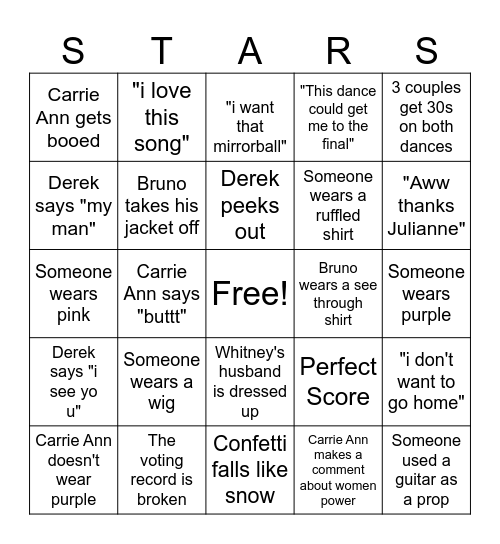 DWTS Prince Night Bingo Card