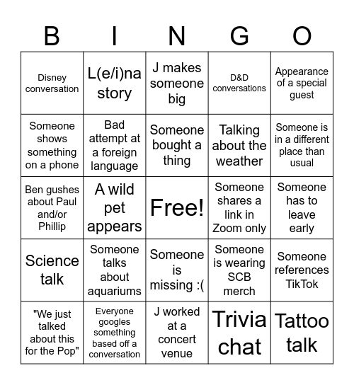 Super Carlin Brothers Hangout Bingo Card