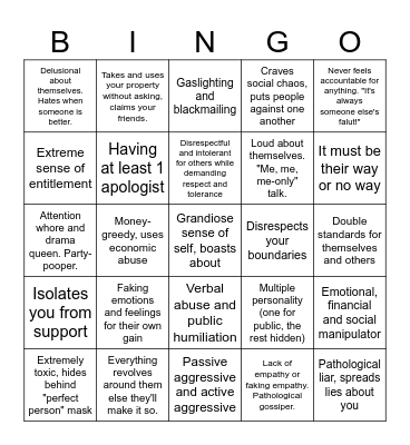 Narcissistic personality disorder Bingo Card