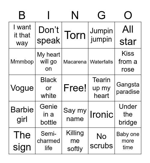 90s music trivia Bingo Card