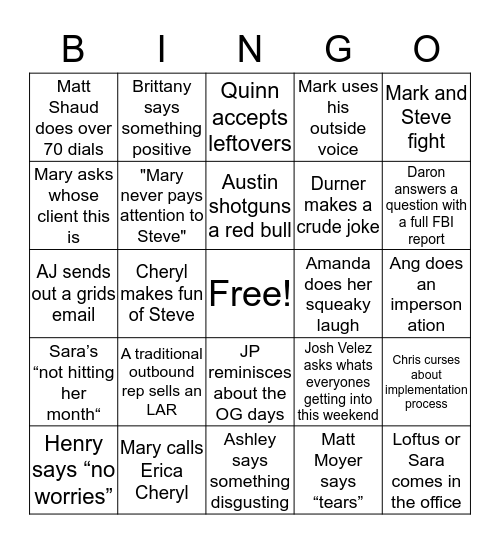 LAR Bingo Card