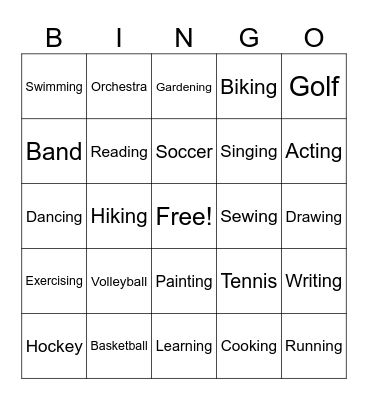 Hobby Bingo Card