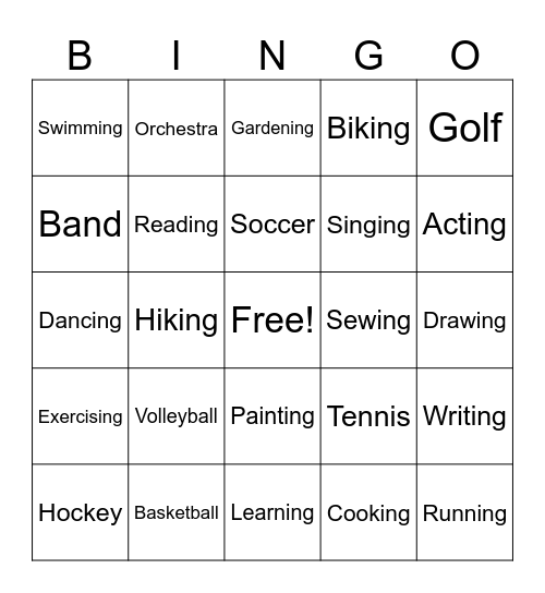 Hobby Bingo Card