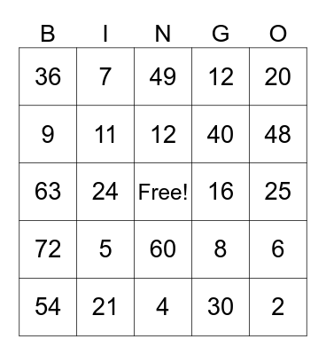 Fact Family Bingo Card