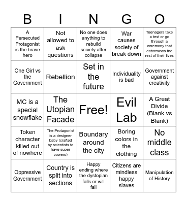 Dystopian Book Trope Bingo Card