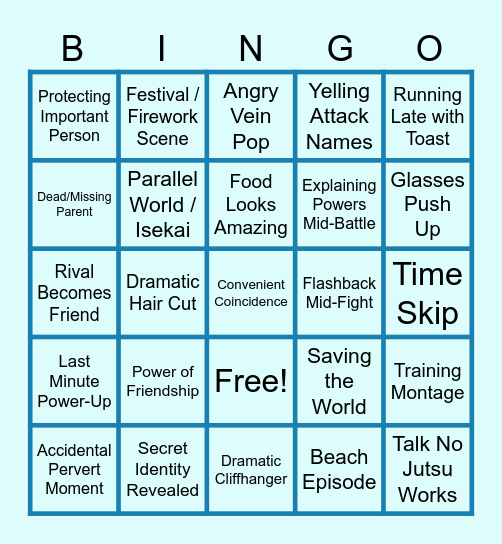 Anime Cliche Bingo Card