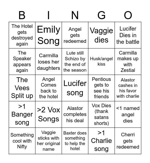 Hazbin Hotel Finale' Episode's Bingo Card Bingo Card