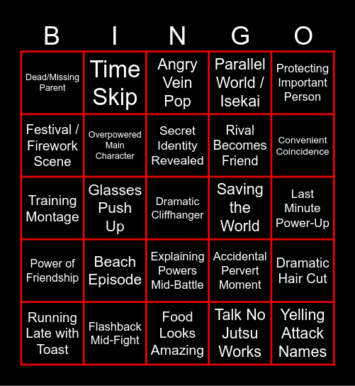 Anime Cliche Moments Bingo Card