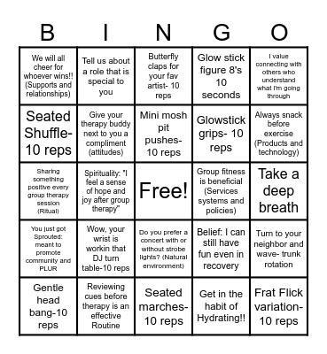 Rehab Rave Bingo Card