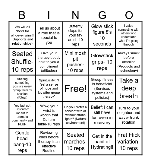 Rehab Rave Bingo Card