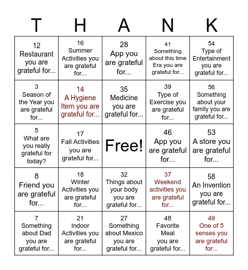 Thanksgiving Bingo Card