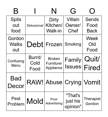 Kitchen Nightmares Bingo Card