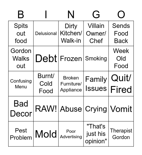 Kitchen Nightmares Bingo Card