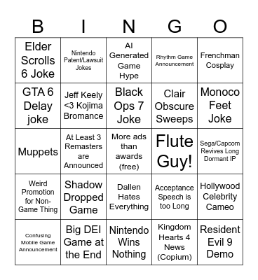 Game Awards bingo card Bingo Card