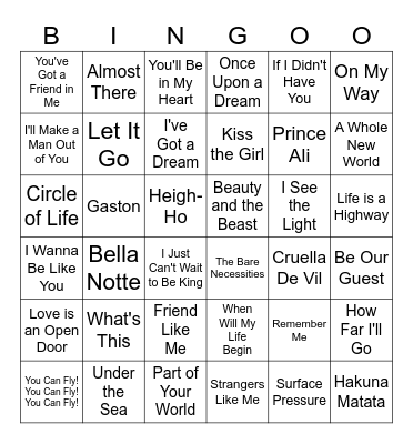 Disney Music Bingo Card