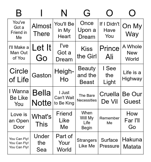 Disney Music Bingo Card