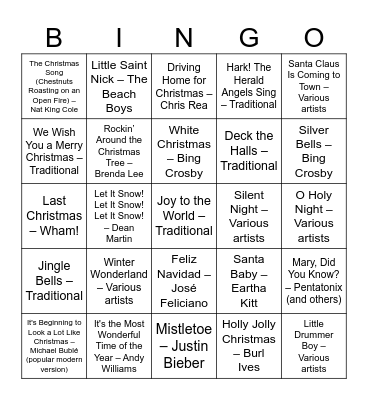 Christmas Songs Bingo Card