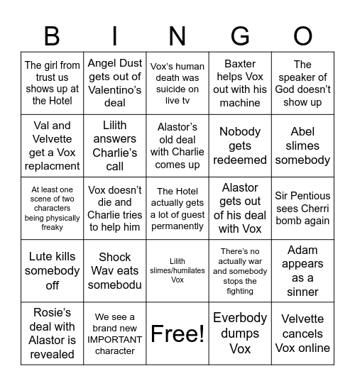 Hazbin 7 and 8 Bingo Card