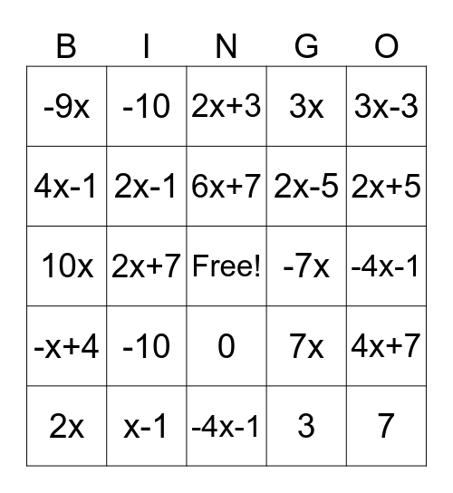 Combining Like Terms Bingo Card