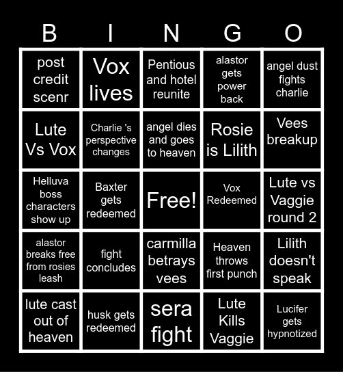 Hazbin Season 2 Finale Predictions Bingo Card