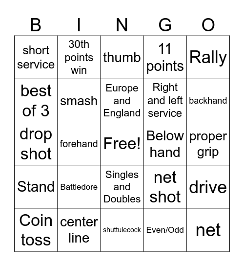 P.E 2 Bingo Card