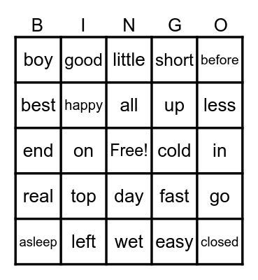Opposites Bingo Card
