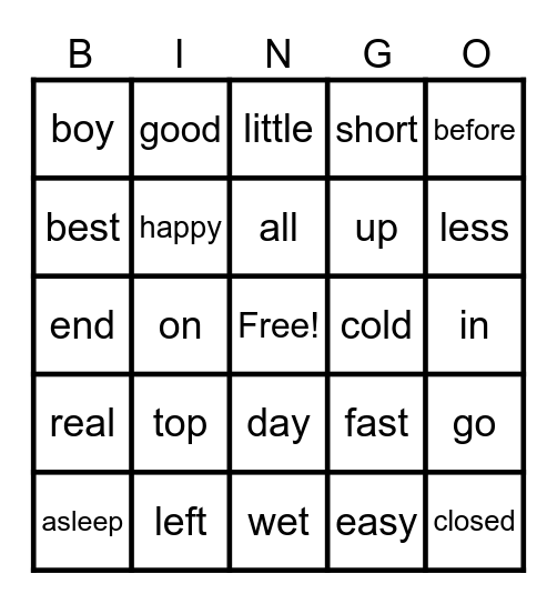 Opposites Bingo Card