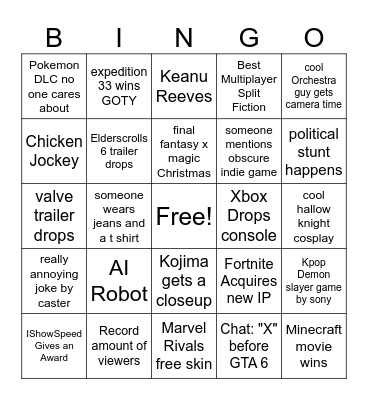 Game Awards Bingo Card