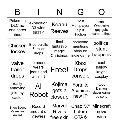 Game Awards Bingo Card