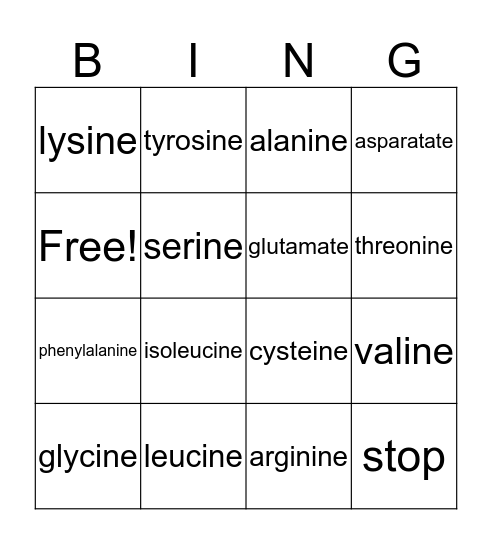 Codon Bingo  Bingo Card