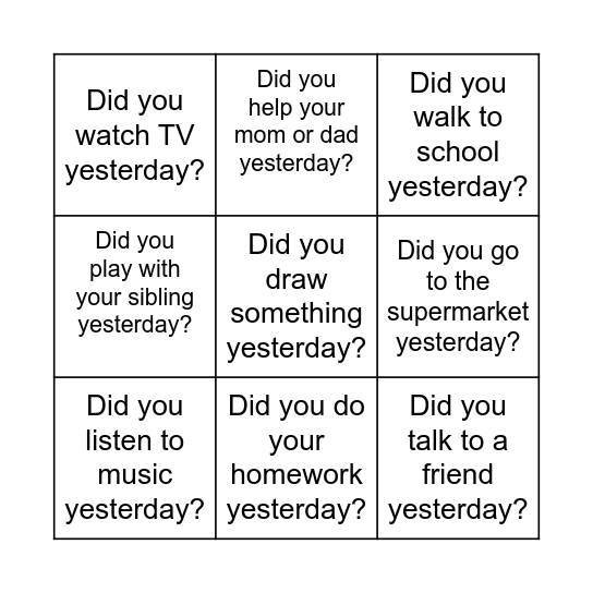 YESTERDAY BINGO Card