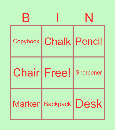 School objects Bingo Card