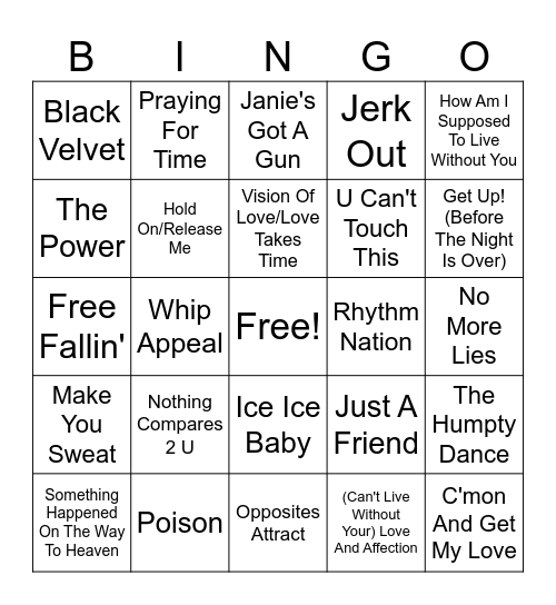 Billboard Year-End Of 1990 Bingo Card