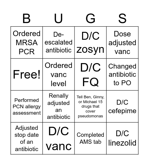 BUGS Bingo Card