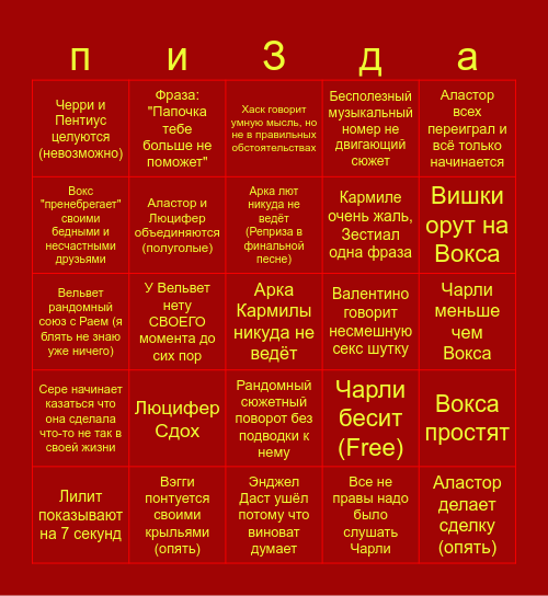 Хазбин Бинго кринж Bingo Card