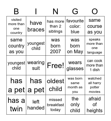 orientation Bingo Card