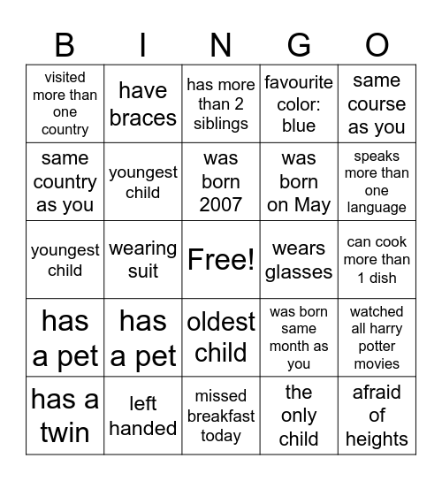 orientation Bingo Card