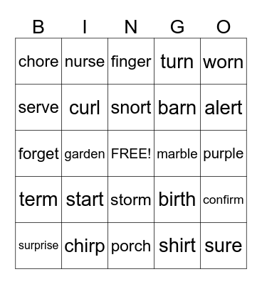ar, er, ir, or, ur    Words Bingo Card