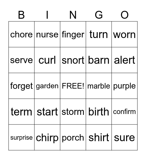 ar, er, ir, or, ur    Words Bingo Card
