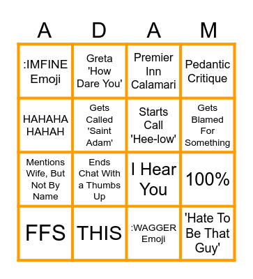 Saint Adam Bingo Card