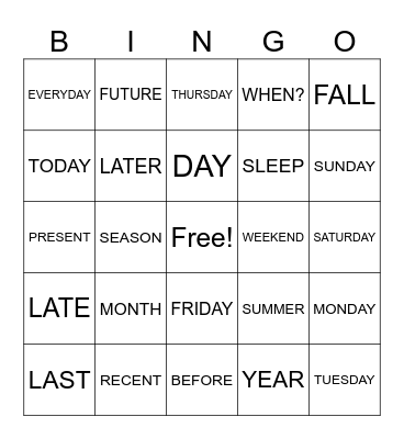 Time and Dates ASL 1 Review Bingo Card