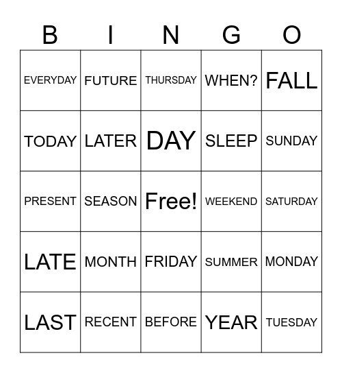 Time and Dates ASL 1 Review Bingo Card