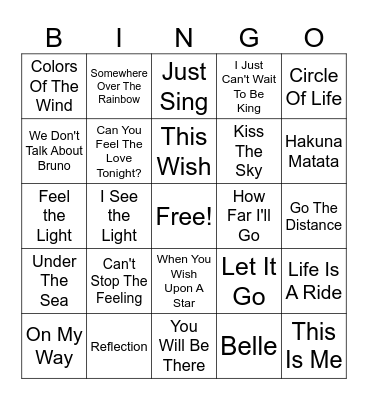 Disney Songs Bingo Card